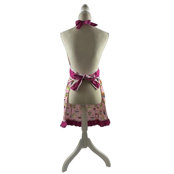 Cupcake Apron Kitchen Baking Ruffle Hem Cotton Tie Neck Waist Hot Pink OSFM - Picture 5 of 8